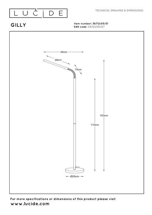 Lucide GILLY - Leeslamp - LED - 1x6W 2700K - Wit - technisch